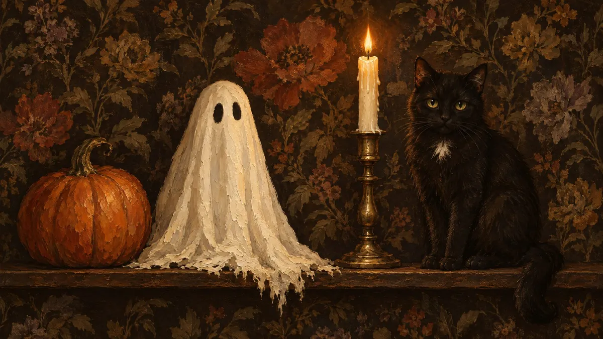 A sheet ghost, orange pumpkin, lit brass candle and black cat on a wooden shelf against a dark floral backdrop