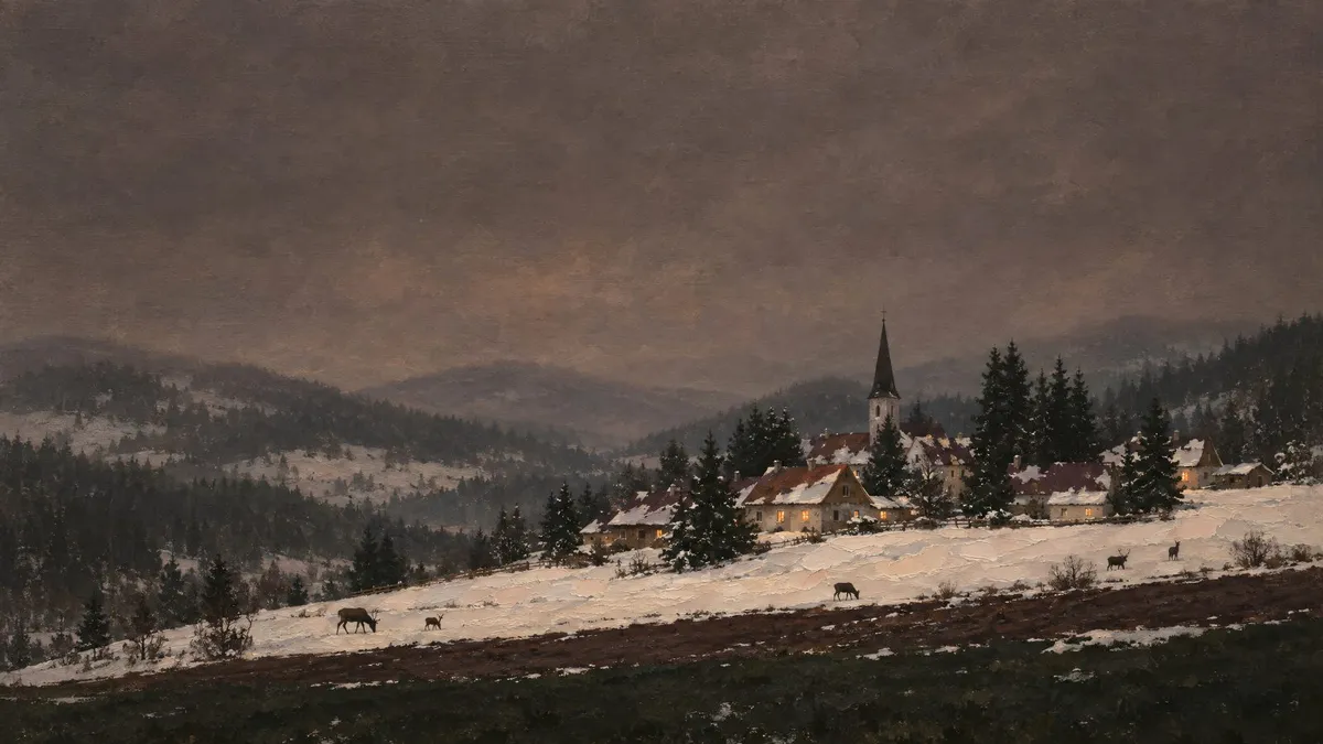 Winter Village Dusk shown on your frame