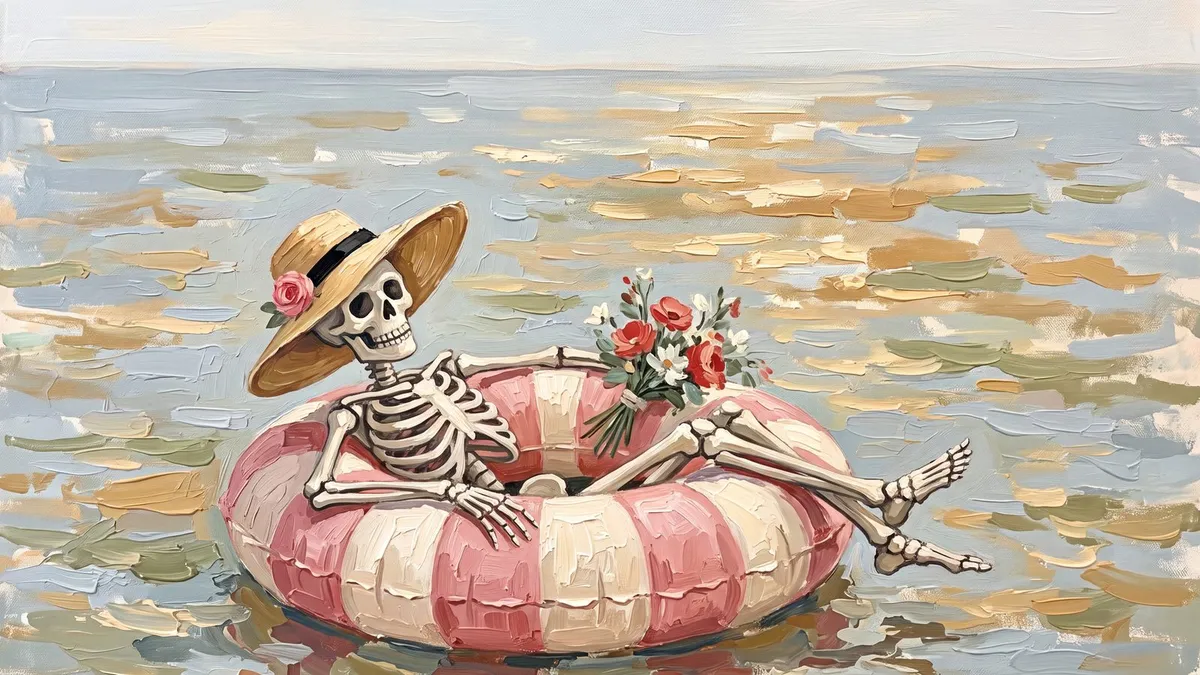 Friendly skeleton in a straw sun hat reclining in a pink striped pool float on open water, with red and white flowers