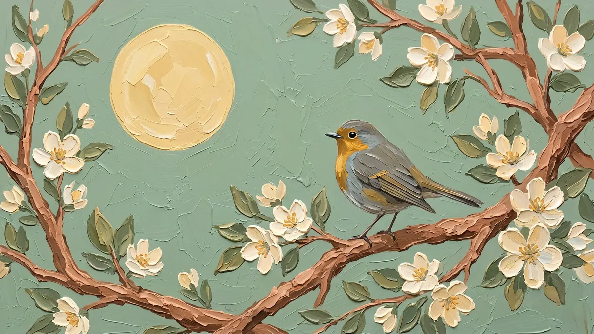 Grey songbird with an orange breast on a branch of cream blossoms beside a pale yellow moon on a sage green background