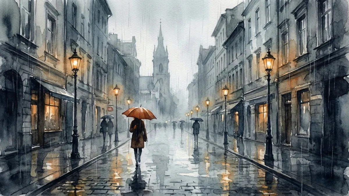 Atmospheric Watercolor Cityscape shown on your frame