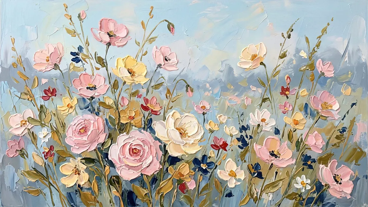 Pink, cream and yellow flowers with navy and red accents on slender stems against a pale blue background