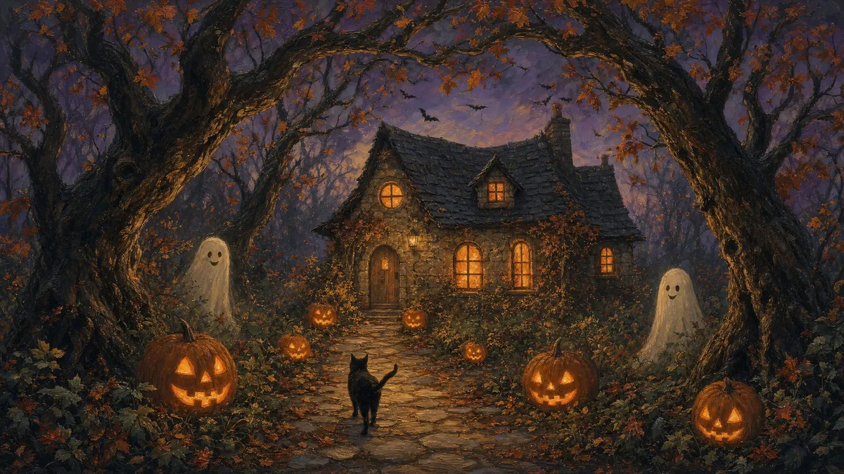 Haunted Cottage Halloween shown on your frame