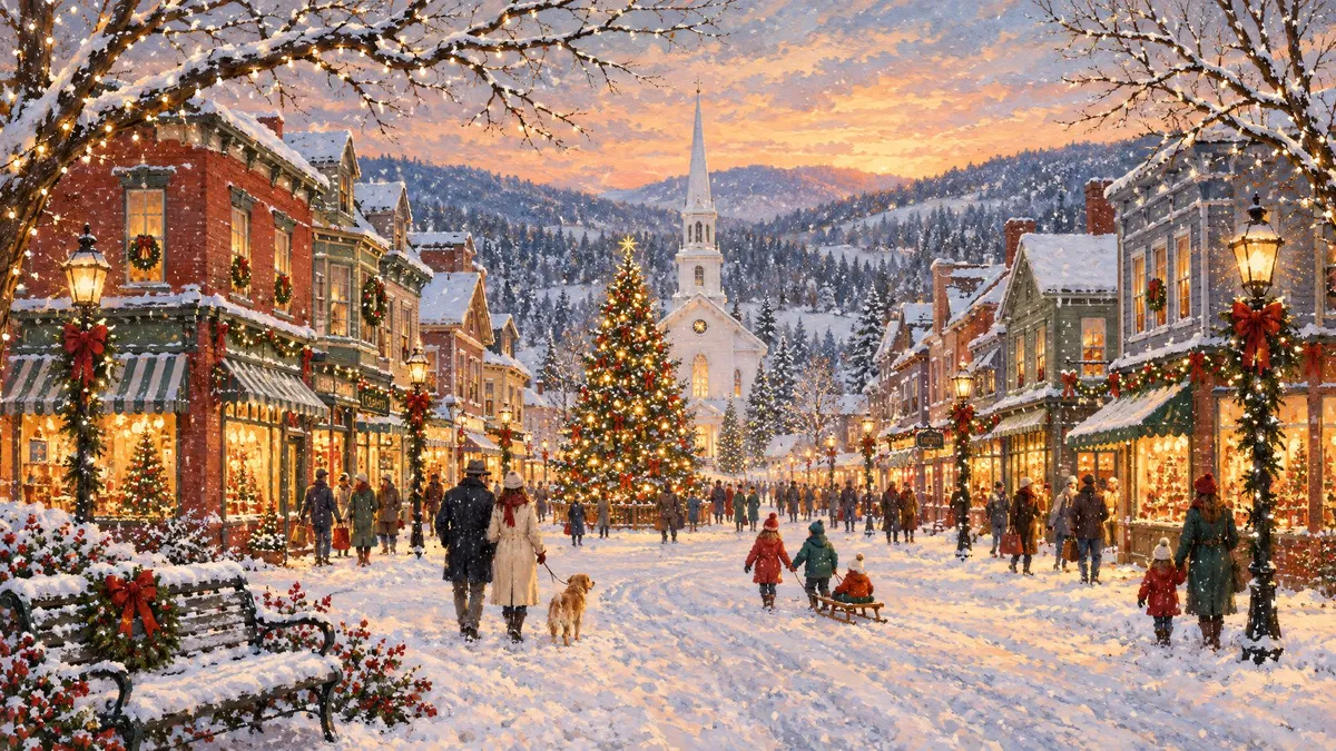 Snowy village main street at sunset with a lit Christmas tree, shop windows, a white church and people walking