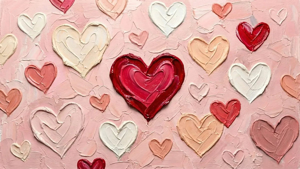Scattered impasto hearts in red, cream, white and peach on a pink background, with one large crimson heart at center