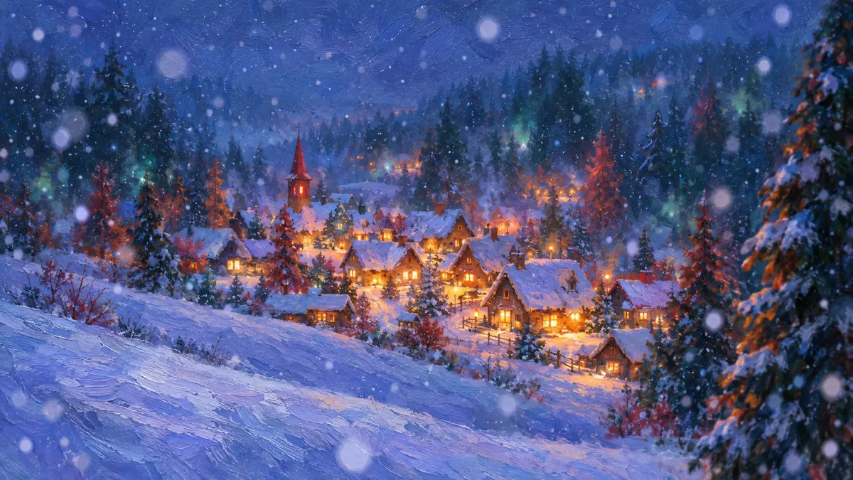 Snowy Christmas Village Glow shown on your frame