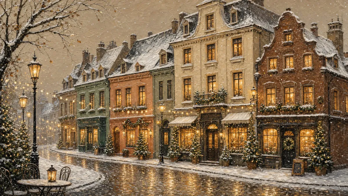 Snowy Christmas Village Street shown on your frame