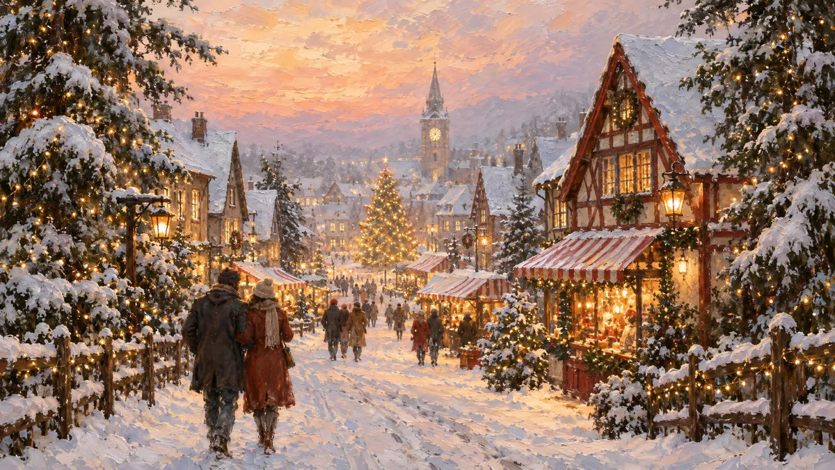 Snowy village market street at dusk with a couple walking arm in arm toward a lit Christmas tree and clock tower
