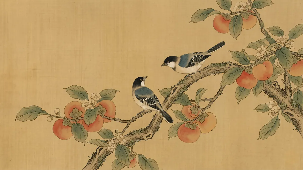 Vintage Persimmon and Birds shown on your frame
