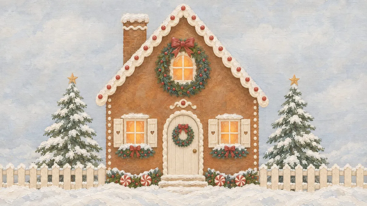 Gingerbread House Winter Scene shown on your frame