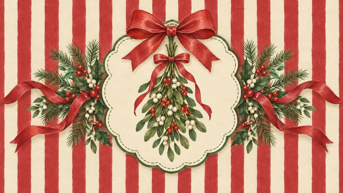 Hanging mistletoe with red bows in a scalloped frame on red and cream stripes, flanked by pine, holly and ribbons