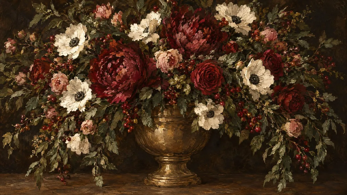 Overflowing bouquet of white, red and pink flowers with berries and dark foliage in a brass urn vase on a tabletop