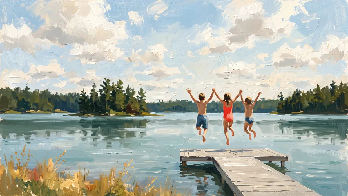 Three children holding hands jump off a wooden dock into a calm lake beneath a cloud-filled sky