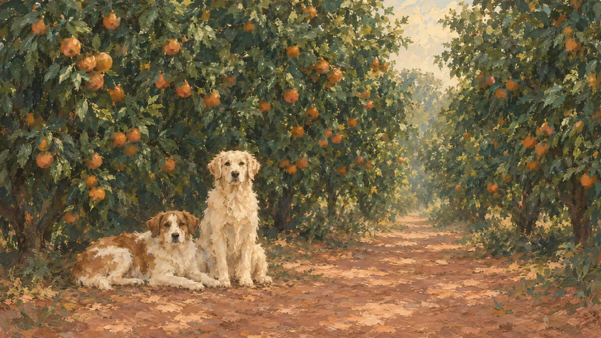 A cream dog sitting beside a tan-and-white dog lying down in a citrus orchard with orange fruit and a dirt path