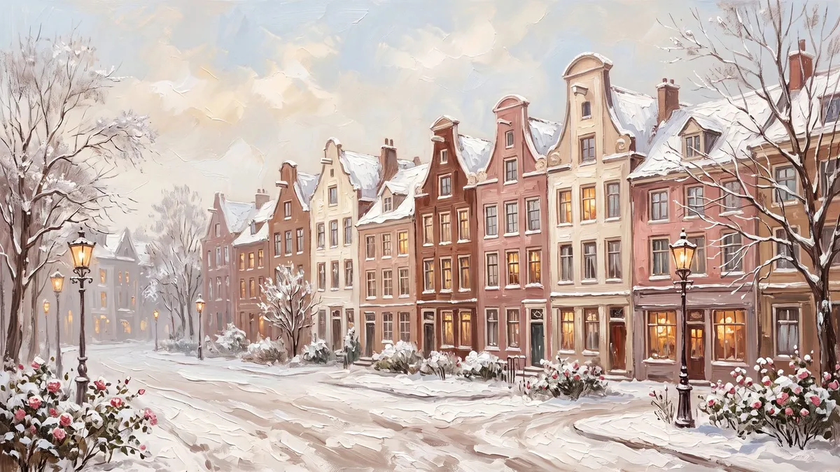 Snowy Pastel Village Street shown on your frame