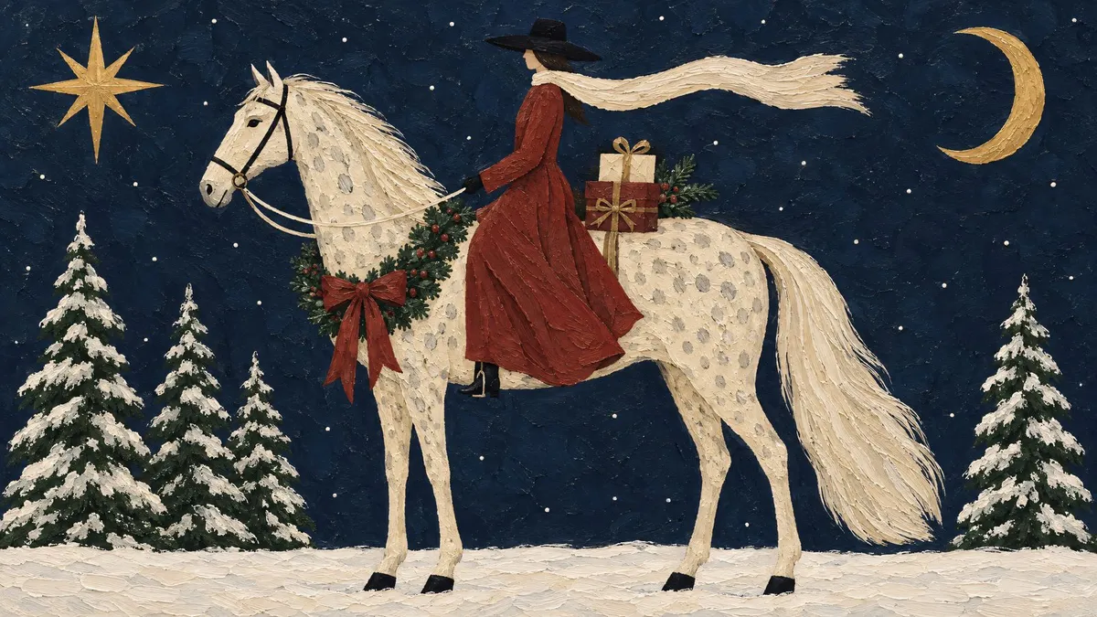 Cream appaloosa horse with a wreath and bow, a rider in red and a long scarf, under a gold star and crescent moon