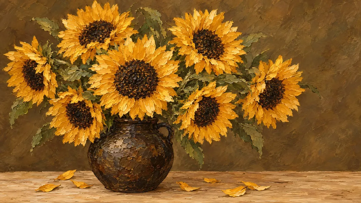 Eight sunflowers in a dark ceramic vase on a wooden table, with a few fallen petals, against a softly blended background