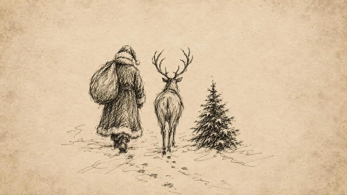 Santa And Reindeer Ink Sketch shown on your frame