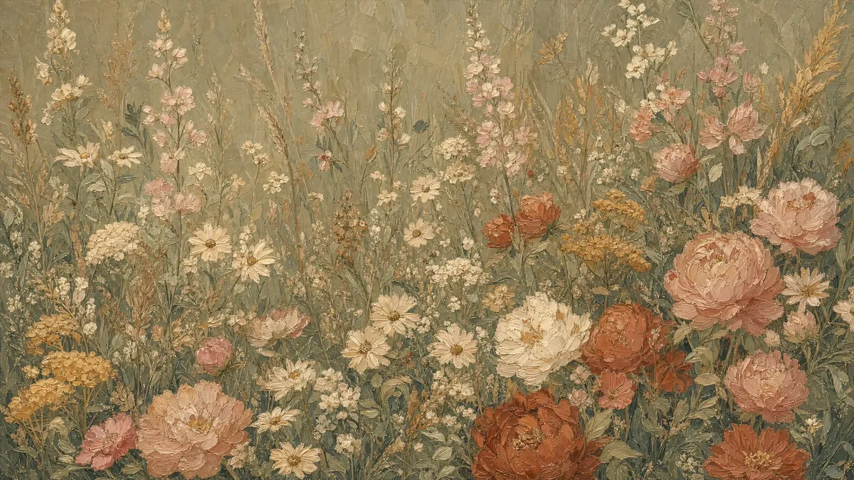 Dense field of cream, blush and terracotta wildflowers with tall grasses and seed-head spikes filling the whole frame