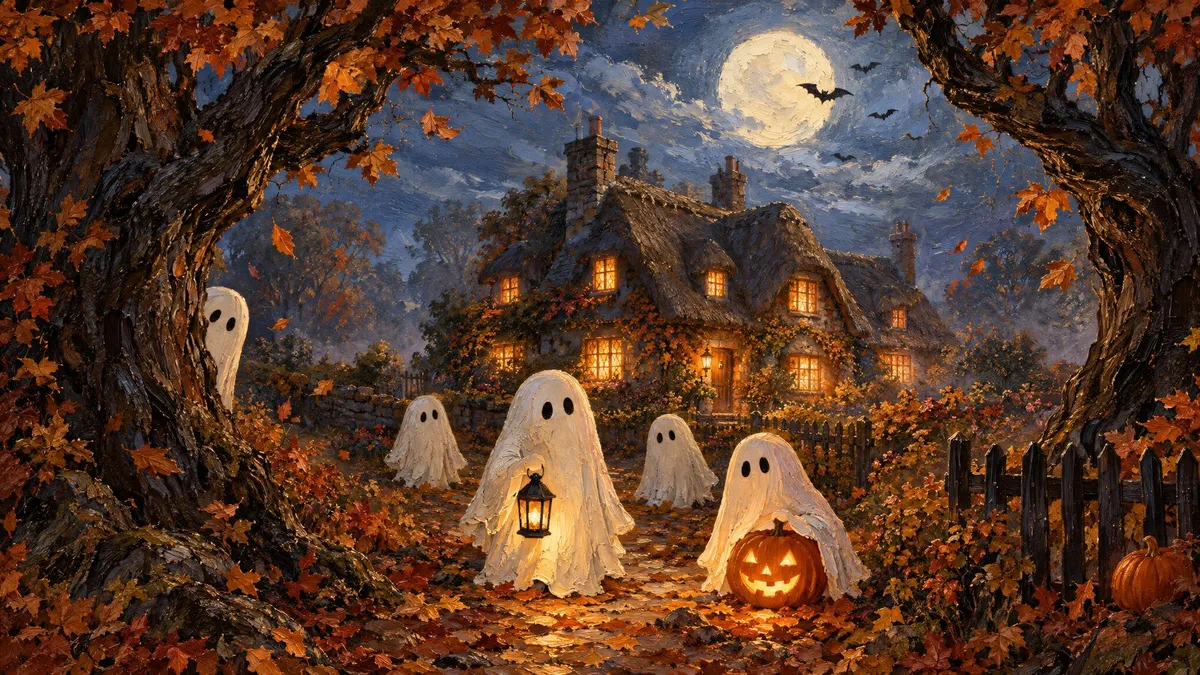 Small sheet ghosts with a lantern and jack-o'-lantern before a thatched stone cottage under a full moon, autumn trees