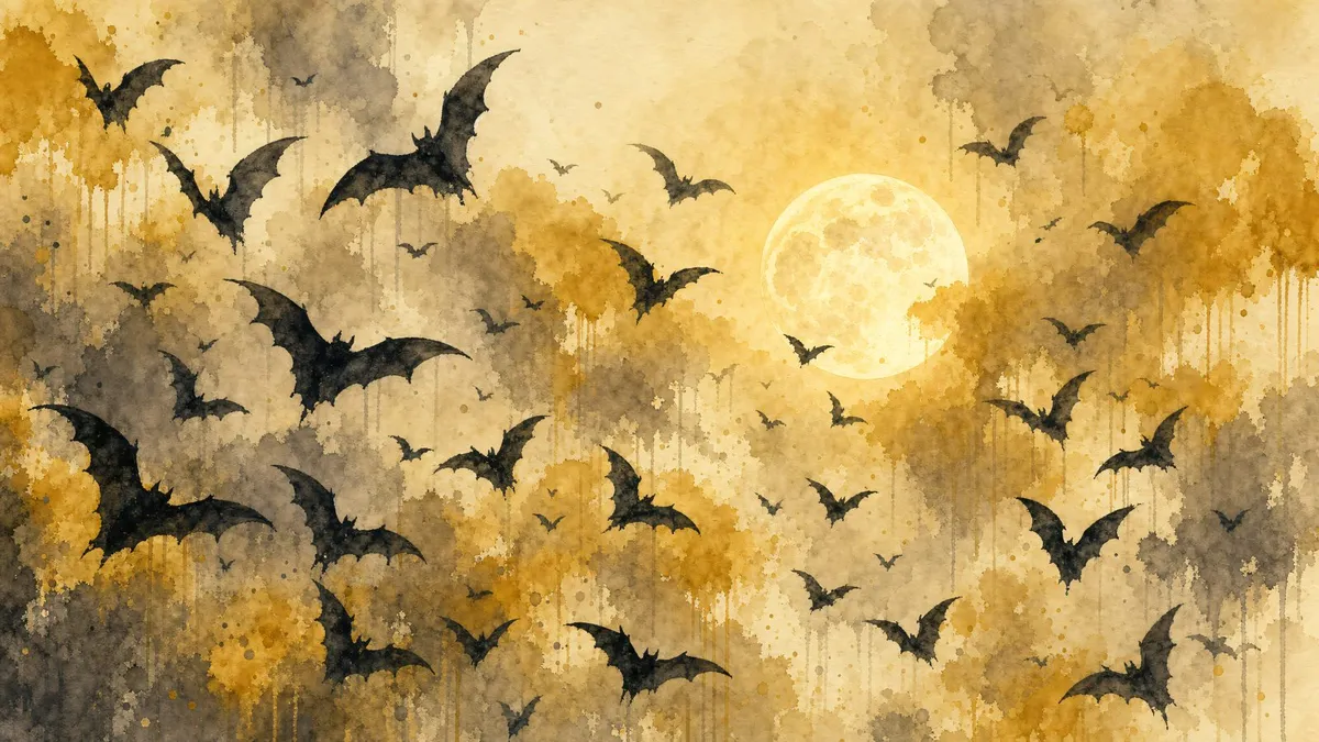 Flock of black bats flying across a hazy golden-grey sky around a pale full moon, in watercolor