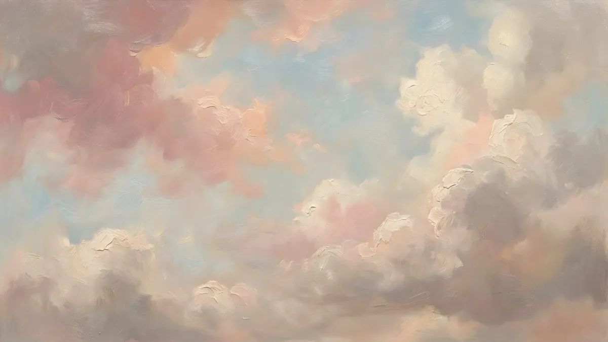 Pink, peach and cream clouds with patches of pale blue sky, painted in thick oil brushstrokes