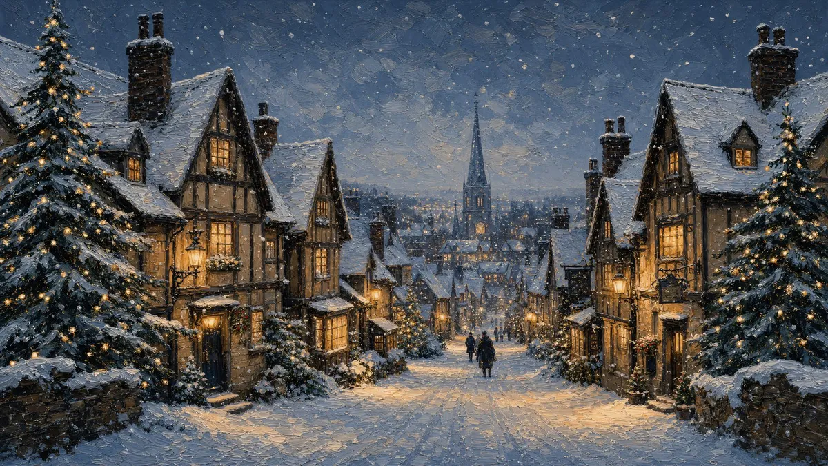 Snowy dusk street lined with gabled cottages and lit trees, leading to a distant church steeple