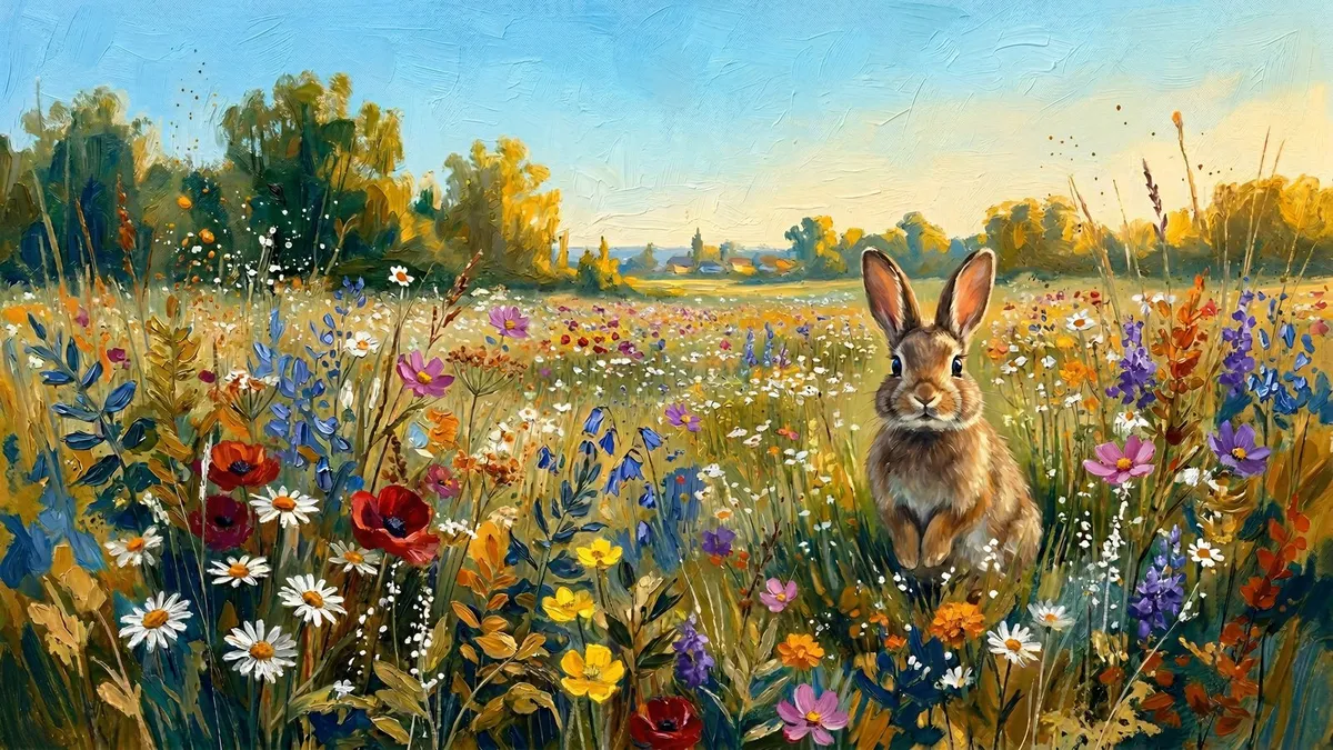 Brown rabbit sitting in a meadow of red poppies, white daisies and purple flowers beneath a blue sky