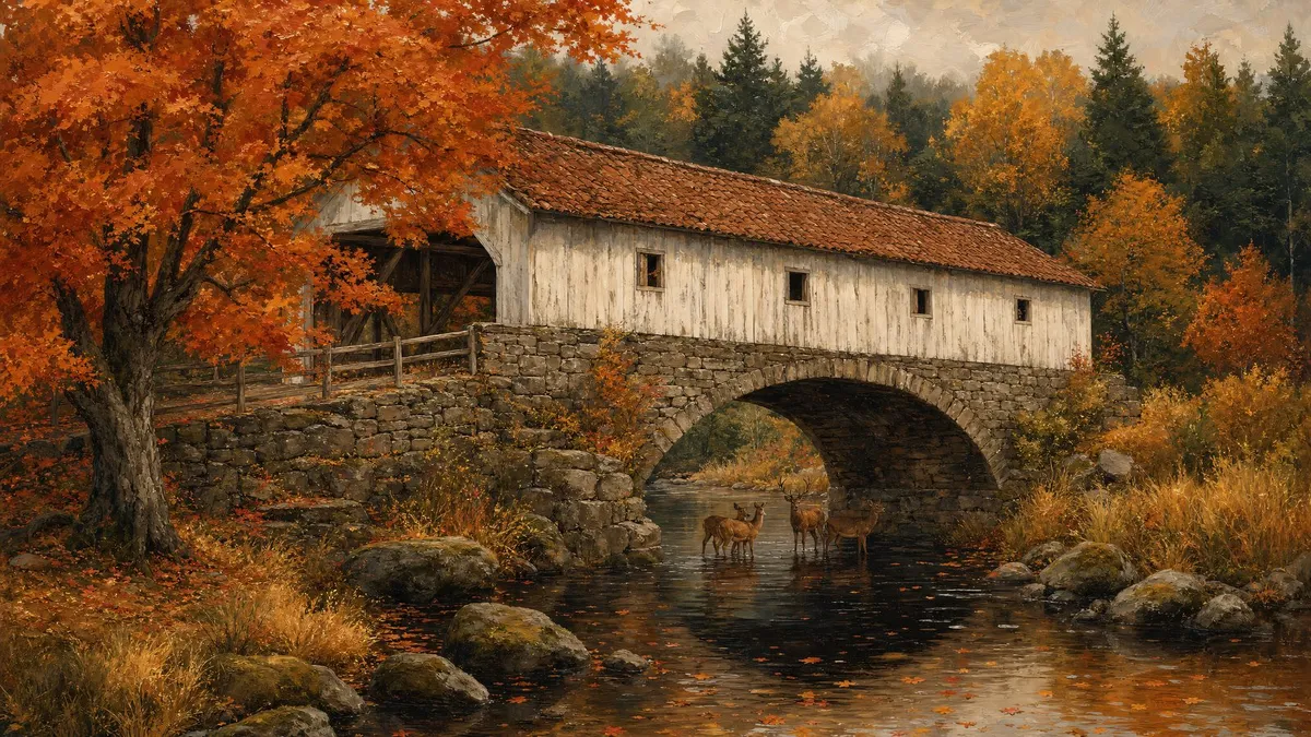 Rustic Autumn Covered Bridge shown on your frame