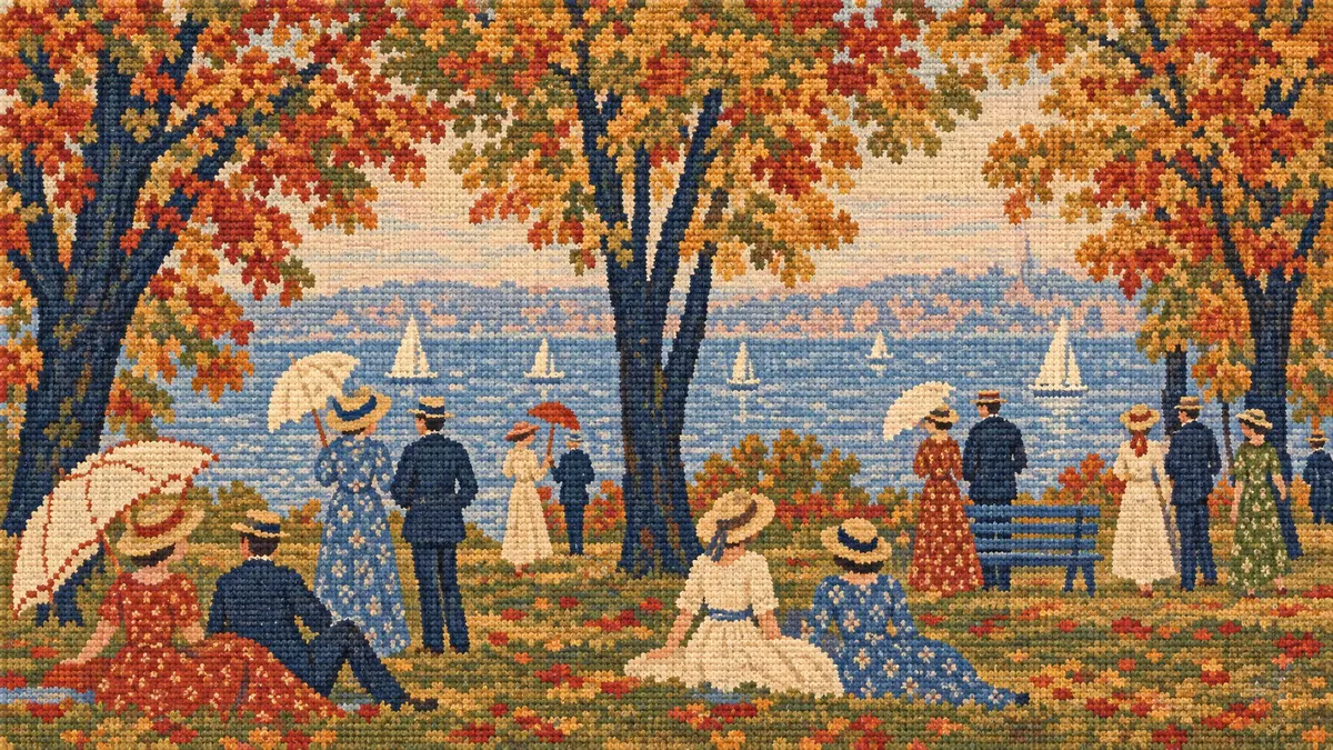 Stitched park scene of dressed figures under red autumn trees beside a lake with white sailboats