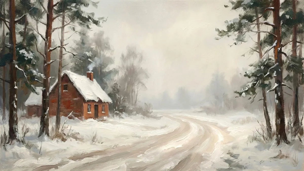 Winter Snowy Cabin shown on your frame