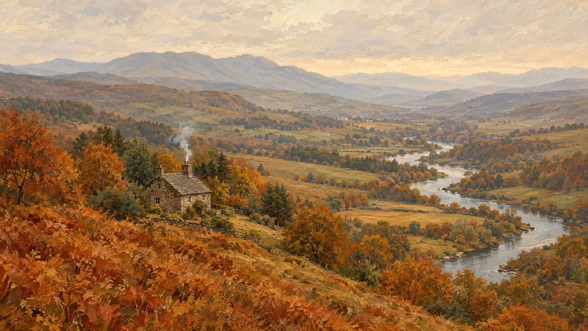 Autumn River Valley Cottage shown on your frame