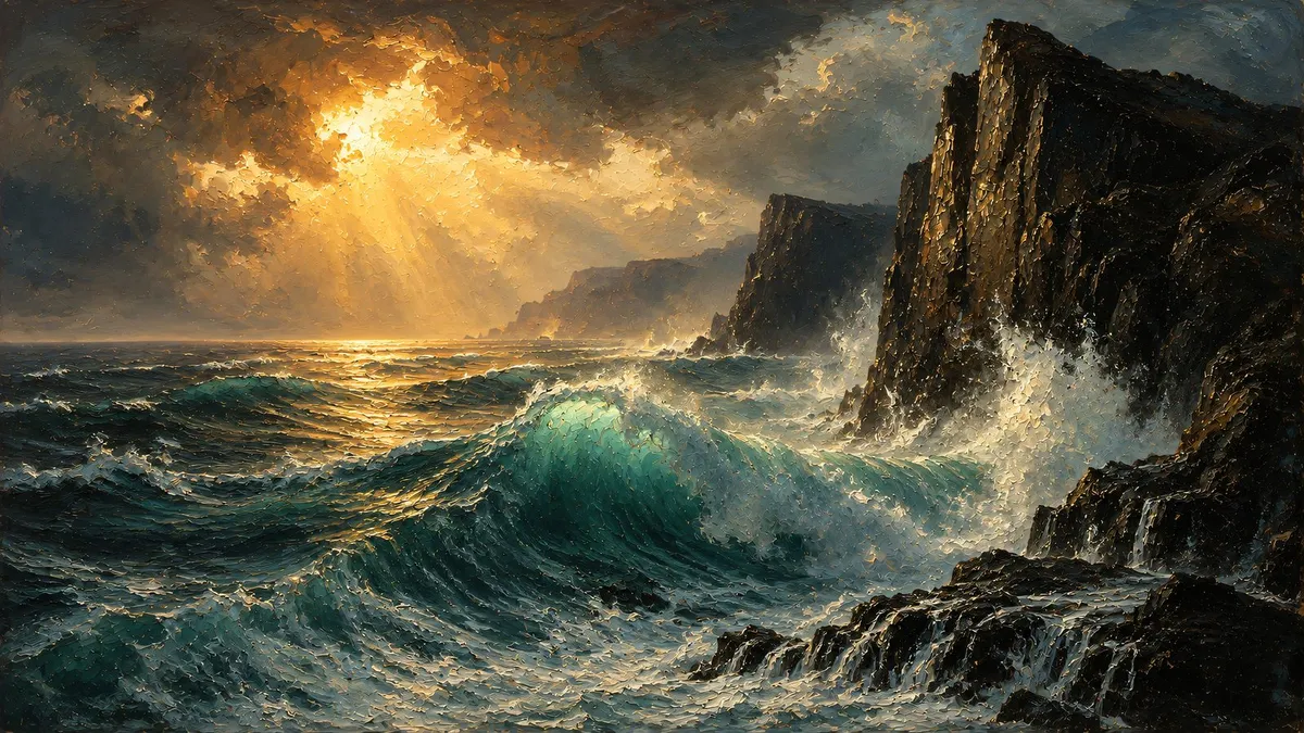 Turquoise wave breaking against dark cliffs beneath golden sunbeams piercing stormy clouds, in thick oil paint