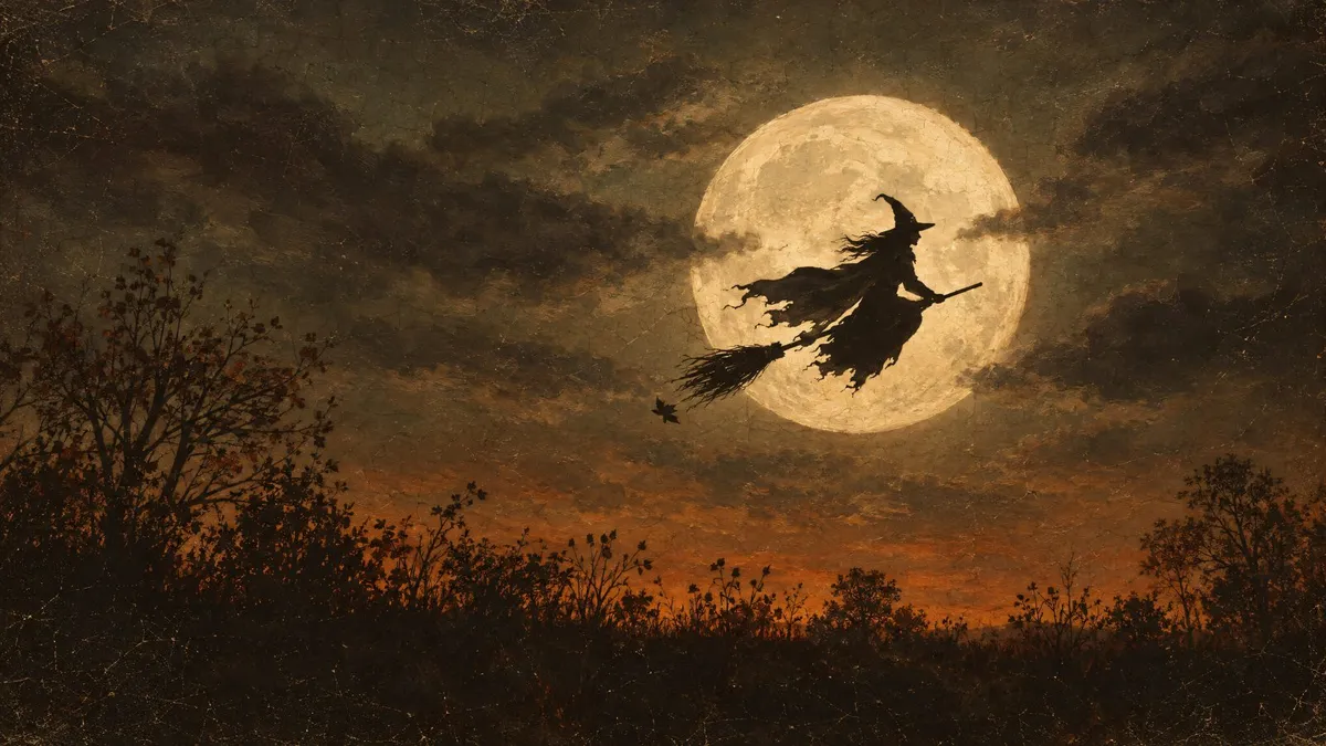 Silhouetted witch on a broomstick flying across a large full moon above a low horizon of autumn brush and trees