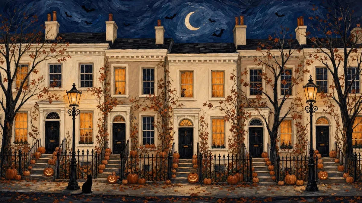 Row of cream townhouses at night with pumpkins on the steps, a black cat, glowing lampposts, crescent moon and bats