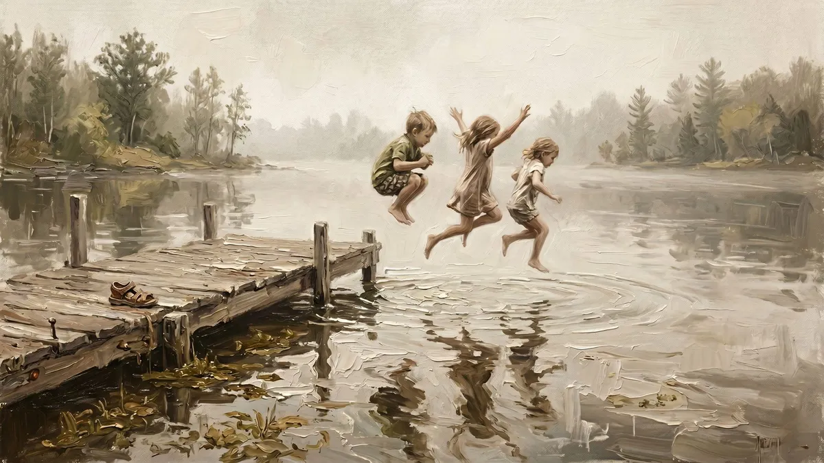 Three children leaping from a wooden dock into a misty lake, a sandal left on the planks, ripples below