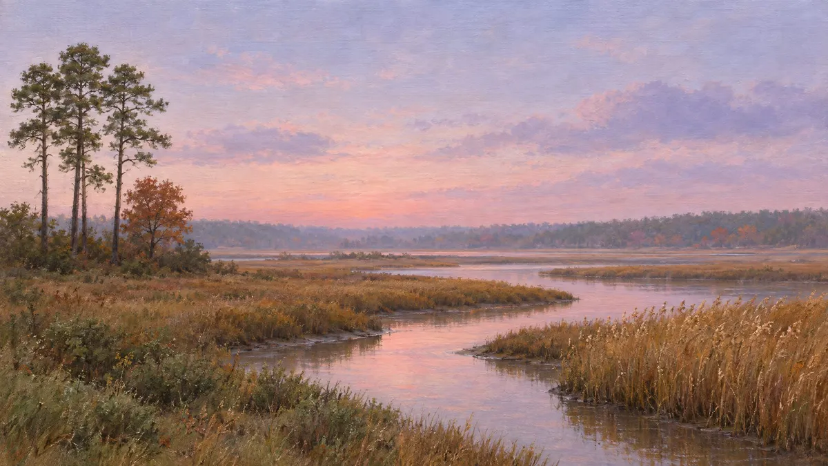 Winding tidal creek through golden marsh reeds under a pink-lavender dusk sky, with pines on the left