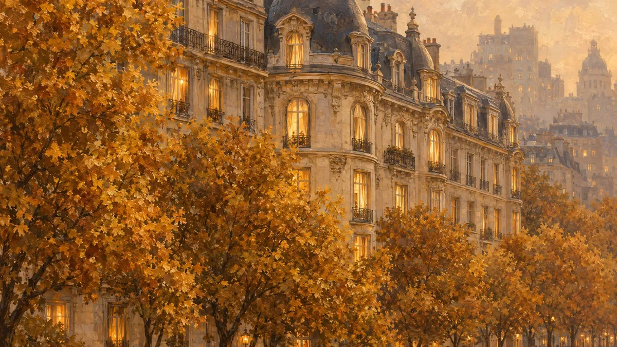 Golden-leaved autumn trees in front of an ornate apartment building with turrets, arched windows and lit windows