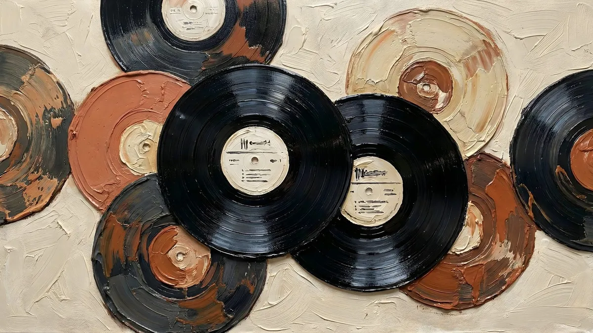 Overlapping black and terracotta vinyl records painted in thick strokes on a cream background