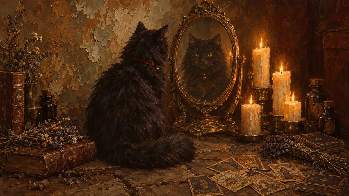 Black cat facing an ornate oval mirror surrounded by lit candles, books, lavender and tarot cards