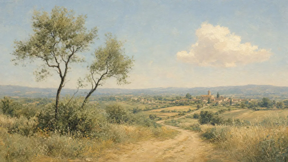 Dirt road curving through summer fields past two slender trees toward a distant village under a pale hazy sky