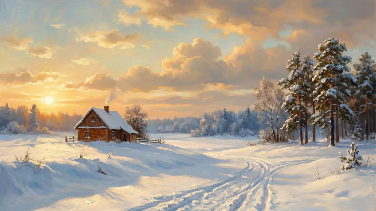 Winter Snowy Cabin Landscape shown on your frame