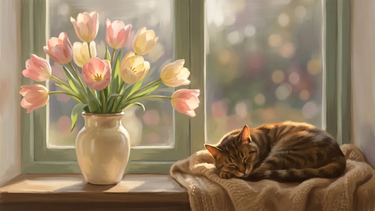 Pink and cream tulips in a cream vase on a windowsill beside a sleeping tabby cat on a knit blanket
