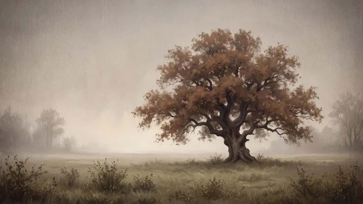 Misty Oak Tree Landscape shown on your frame