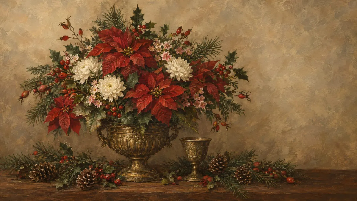 Red poinsettias, white blooms, pine and holly in an ornate brass urn with a goblet and pinecones on a wooden table.