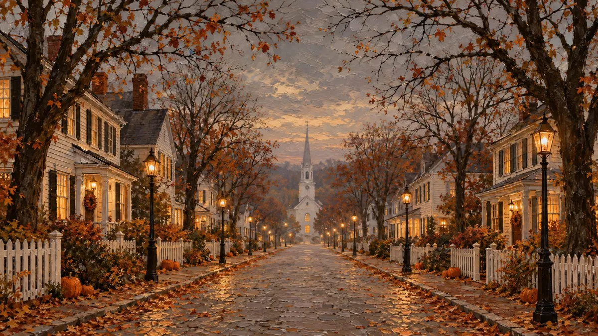 Village street at dusk with white houses, lamp posts and a distant church steeple under arching bare autumn branches