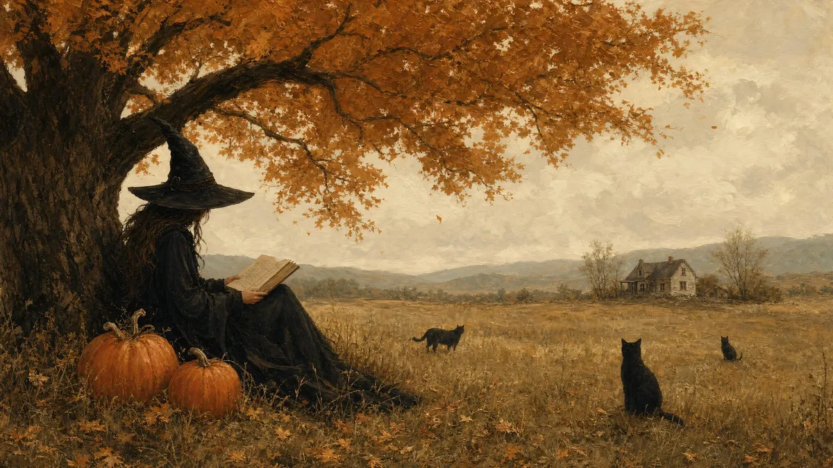 Witch Reading Autumn Tree shown on your frame