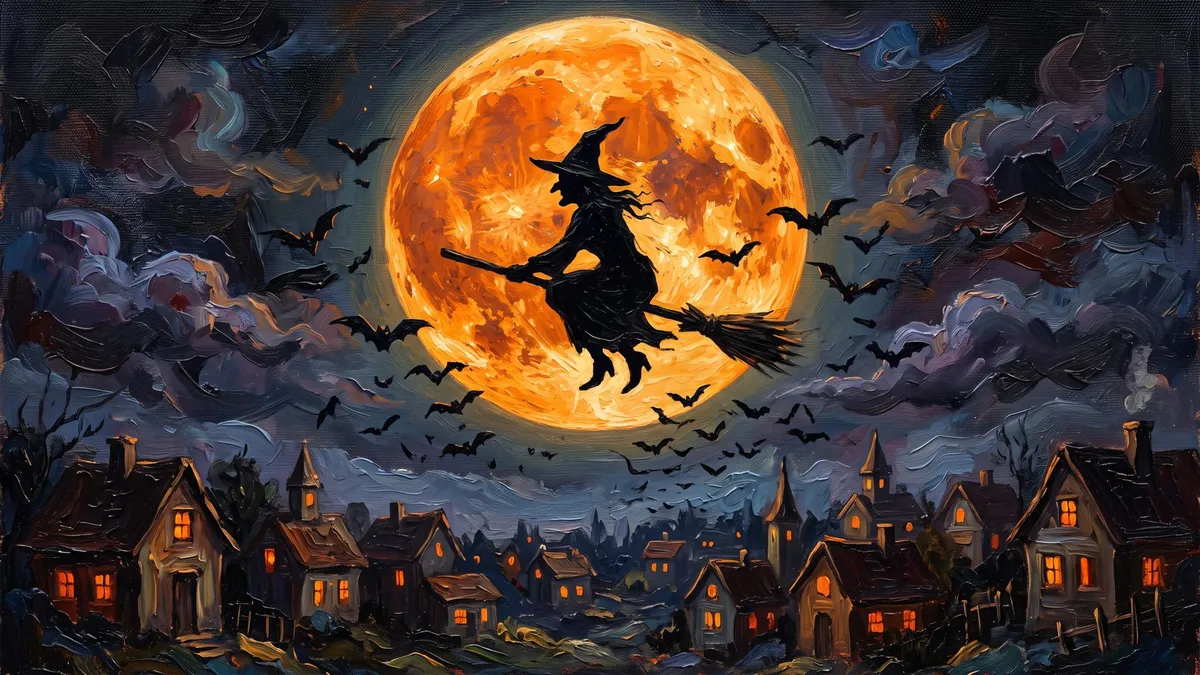 Silhouetted witch on a broomstick crosses a huge orange full moon above bats and a village of lit cottages