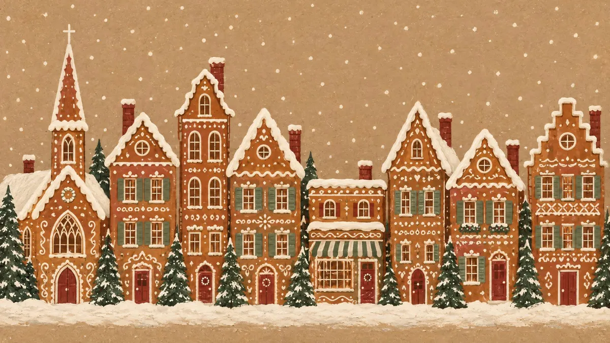 Row of gingerbread houses with white icing detail, pine trees and a church steeple under a tan sky of falling snow