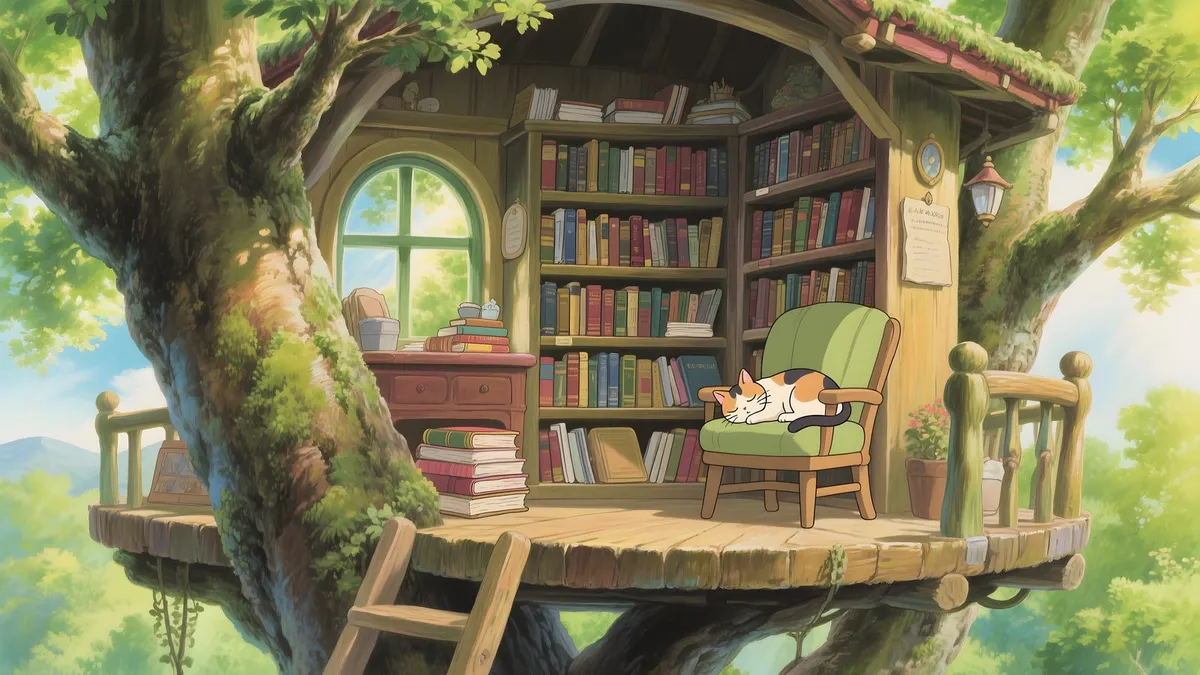 Calico cat asleep on a green armchair in a treehouse library with full bookshelves, a ladder and leafy branches